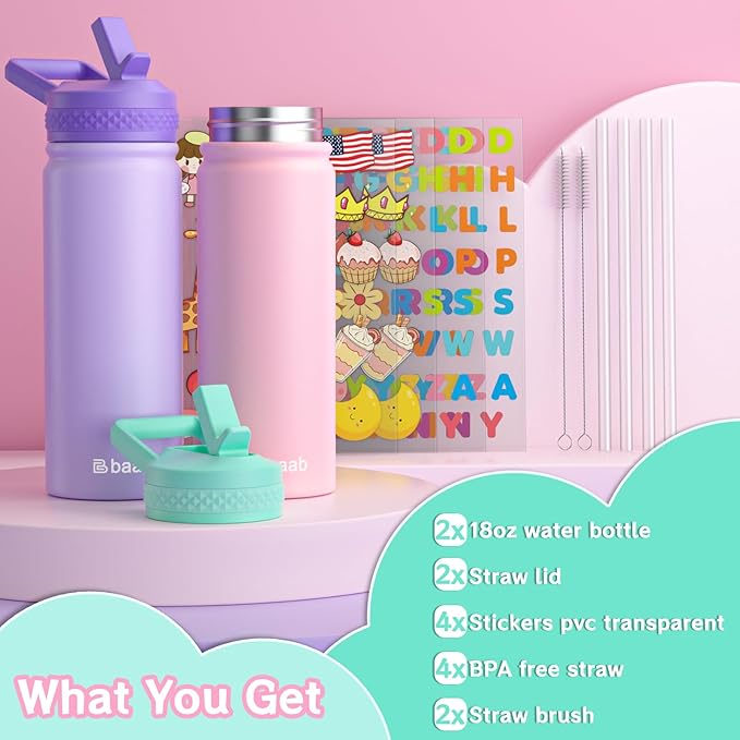 baab 18oz Kids Water Bottle, Insulated Water Bottle with Straw & Stickers, 18/8 Stainless Steel Vacuum Leakproof Kids Water Straw Cup for School, Perfect for Boy Girl (Pink+Purple, 2 Pack)