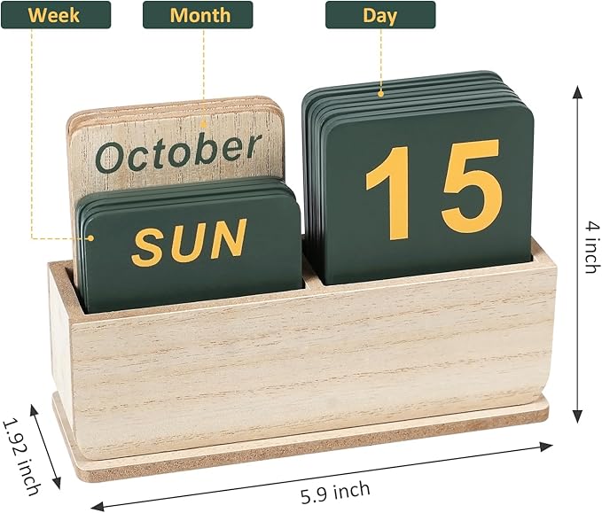 Wooden Block Perpetual Calendar for Desk, Daily Desktop Standing Flip Calendar with Large Display, Modern Farmhouse Aesthetic Desk Accessory for Home Office Decor, Reusable Yearly, Wood Grain