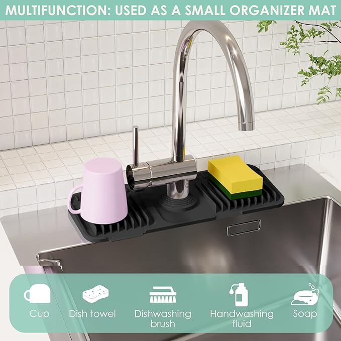 14.6 Inch Silicone Faucet Mat for Kitchen Sink Splash Guard - 7Β° Slope Water Draining Mat With Fasten Button for Bathroom Area (Black, 14.6''x5.5'')