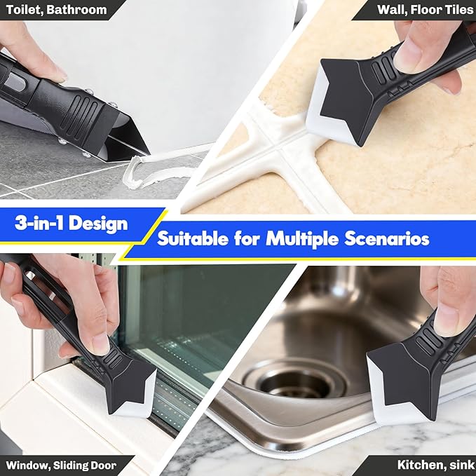 3 in 1 Silicone Caulking Tools, Glass Glue Angle Scraper, Stainless Steelhead Caulk Remover and Sealant Scraper, for Kitchen Bathroom Window and Frames Sealant Seals (Classic with Scraper — Set)