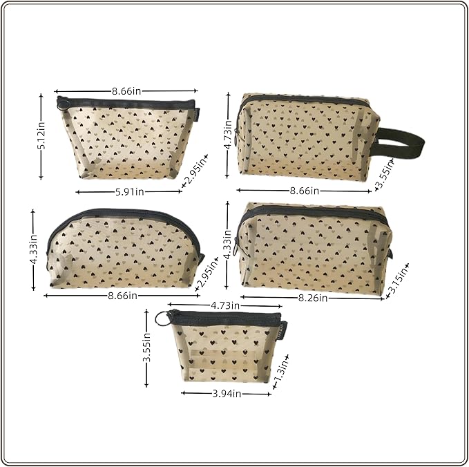 5 Pieces Mesh Heart Makeup Bags Sets, Zipper Mesh Cosmetic Bag Toiletry Bag, Travel Makeup Bags for Women, Small Items Storage Organizer Bags for Home Office Travel (Beige)