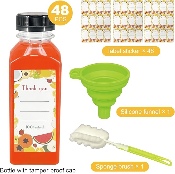 48 Pack 12oz Clear Reusable Plastic Juice Bottles with Caps, Food Grade BPA-Free Leak Proof Juicing Containers with 48 Labels & brush& Silicone Funnels for Homemade Juice, Smoothies & Travel