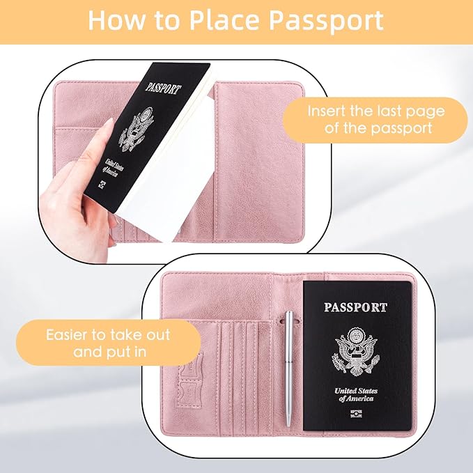 WALNEW Passport Holder for Travel, RFID Passport Cover Wallet for Women Men, PU Leather Passport Book Card Holder Case with Pen (Elastic Band Closure, C-Rosegold)