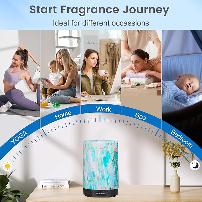 Essential Oil Diffuser, 120 ml Glass Aromatherapy Diffuser with 7 Color Lights, Auto Shut-Off and 4 Timer Settings, Ultrasonic Cool Mist Diffuser for Home Room Office (Blue Mountain)