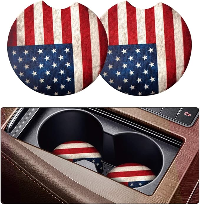 2 Pack Car Coasters for Drinks Absorbent - 2.75 Inch Cute Car Cup Holder Coasters for Women, Removable Cup Holder Coaster for Your Car, Car Interior Accessories for Women & Girls (Red Flag)