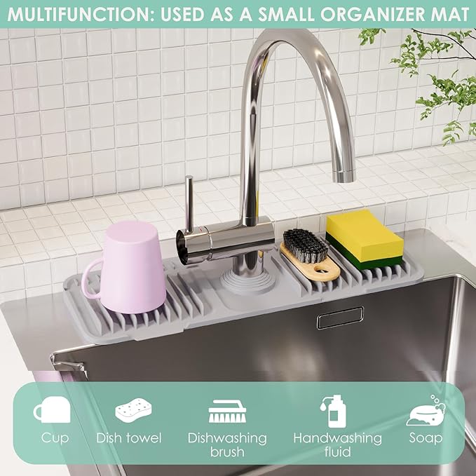 17.7 Inch Silicone Faucet Mat for Kitchen Sink Splash Guard - 7Β° Slope Water Draining Mat with Fasten Button for Bathroom Area (Gray, 17.7''x5.5'')