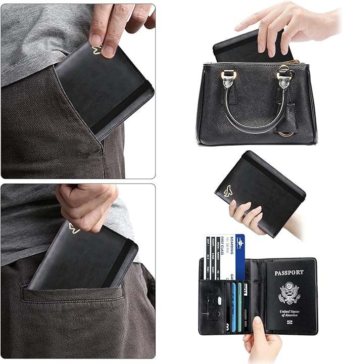 WALNEW Passport Holder for Travel, RFID Passport Cover Wallet for Women Men, PU Leather Passport Book Card Holder Case with Pen, Travelling Essentials for Flying