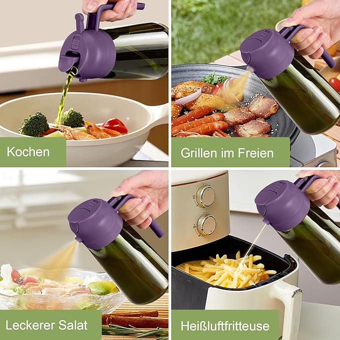 YARRAMATE 16oz/470ml Dark Green Oil Sprayer for Cooking with Stickers, Food-grade Premium 2 in 1 Olive Oil Dispenser Bottle for Kitchen Gadgets, Air Fryer, Salad, Frying, BBQ (Purple)