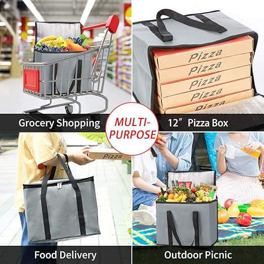 1-Pack Insulated Reusable Grocery Bags, X-Large Insulated Food Delivery Bag for Doordash/Catering/Uber Eats, Commercial Food Warmer for Shopping, Tote Cooler Bags, Dark Grey
