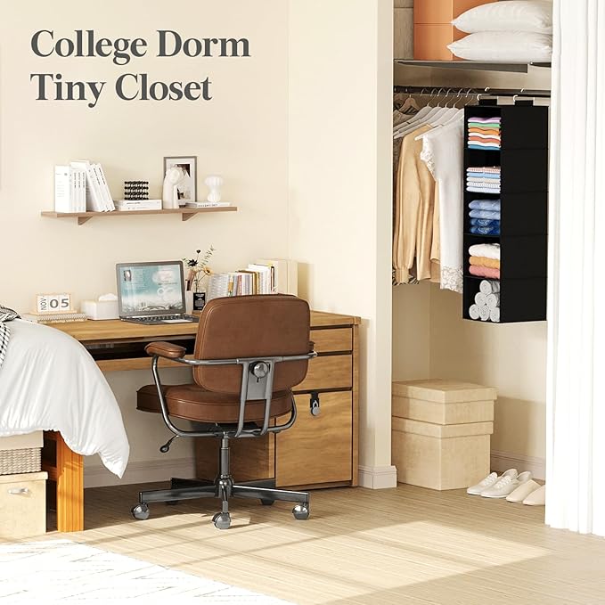 Lifewit 5 Tier Hanging Closet Organizer and Storage for Shelves, Foldable Clothes Storage Shelf with 2 Sturdy Hooks for Clothing Organization, Dorm Room Essentials for Guys, Black