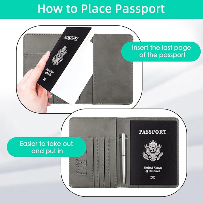 WALNEW Passport Holder for Travel, RFID Passport Cover Wallet for Women Men, PU Leather Passport Book Card Holder Case with Pen, Travelling Essentials for Flying