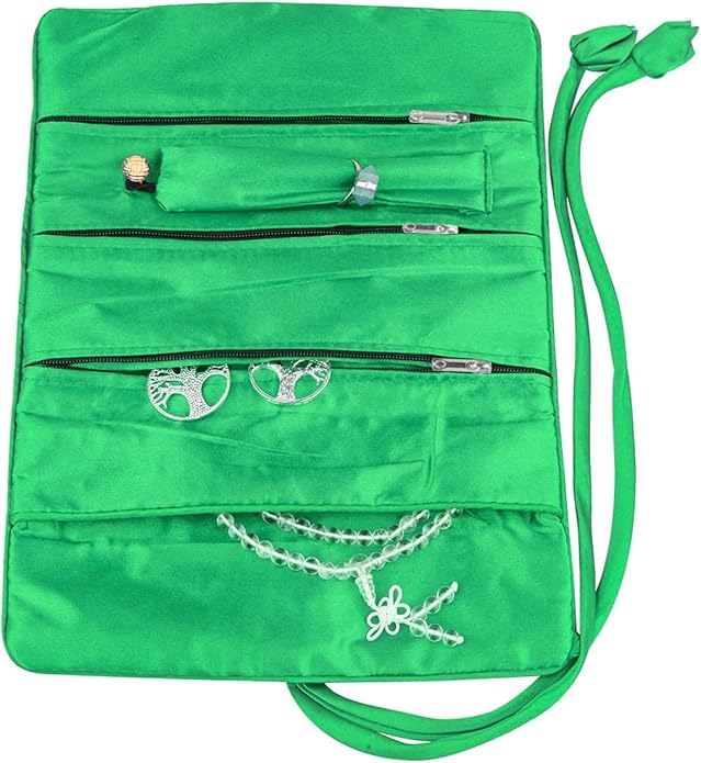 TUMBEELLUWA Embroidery Travel Jewelry Bag Roll Embroidered Flower and Bird Brocade Organizer with Tie Close