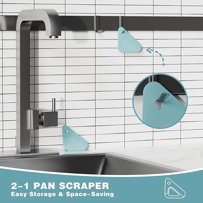 Food Scraper, 2-in-1 Pot and Pan Dish Scraper, Nylon and Silicone, Kitchen Scraper Tools for Cast Iron Skillets, Cookware, Dishes, Pans and Pots, Heat Resistant, Set of 3, Blue