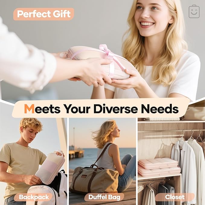 Veken 2/6/9/11 Set Compression Packing Cubes for Travel Essentials,Compressible Expandable Large Luggage Suitcase Organizer Bags for Clothing,Durable Space Saver Storage Bags(Beige)