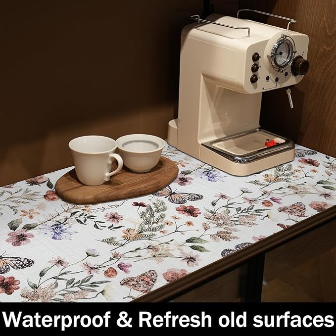 Floral Shelf Liners Non Adhesive 16IN x 20FT and Strong Non-Slip Shelf and Drawer Liners for Kitchen Cabinet Wire Fridge, Waterproof Shelf Drawer Liner,Easy to Clean,Butterfly