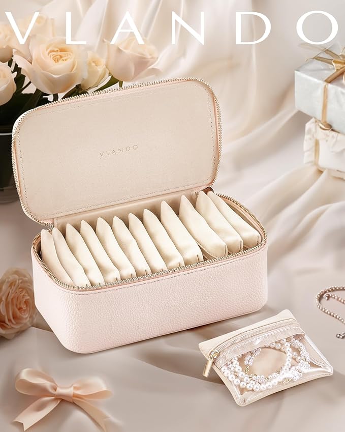 Vlando Teacher Gifts for Women, Jewelry Box with 12 Velvet Jewelry Bags Travel Jewelry Case for Girls Jewelry Organizer for Travelers Birthday Gift Ideas for Women (Pink)