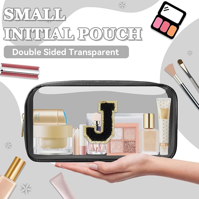 Small Clear Personalized Initial Makeup Bag,Nylon Preppy A-Z Chenille Letter Patch Cosmetic Pouch Beach Toiletry Bag,Waterproof Zipper Travel Purse Storage Bag Organizer for Women Girls(Black-Black J)