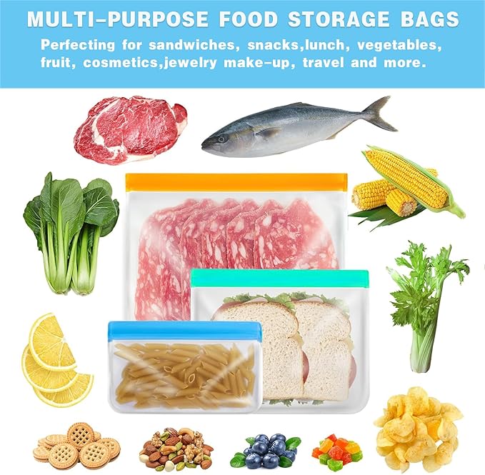 10 Pack Dishwasher reusable bags Silicone,BPA Free, Leakproof Freezer Bags, reusable silicone bags for Lunch Marinate Food Travel -10 Snack Bags