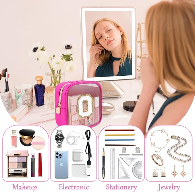 Personalized Initial Letter Clear Preppy Makeup Bag,Mini Nylon Chenille Letter Cosmetic Bag Cute Zipper Pouch Coin Purse for Teen Girls,Portable TSA Approved Travel Essentials Bag Gift for Women,O