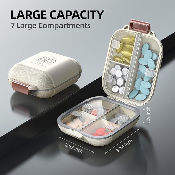 Portable Pill Organizer, Pill Box with 7 Compartments, Small Pill Case for Travel, Daily Medicine Pill Organizer with Air-Tight Lid, BPA-Free Material Pill Container (White)