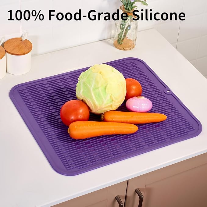 ZLR Silicone Dish Drying Mat for Kitchen Counter, Eco-Friendly Fast Dry Dish Mat, Easy Clean Multi Usage Drying Matt, Heat Resistant Trivet, 16" x 18" XL, Meadow Violet