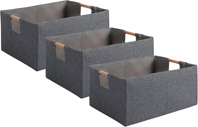 Fabric Storage Bin Box Foldable Cotton Linen Storage Basket with Wooden Handles Rectangular Cube Decorative Home Laundry Organizer Clothes Blanket Container - Grey, Small