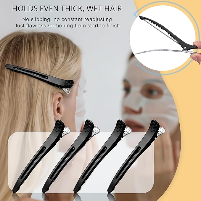 12 PCS Duckbill Hair Clips for Sectioning - 4.3” Professional Non-Slip Hair Clamps with Silicone Band, Gentle No-Mark Hold for Thick Hair, Styling & Coloring