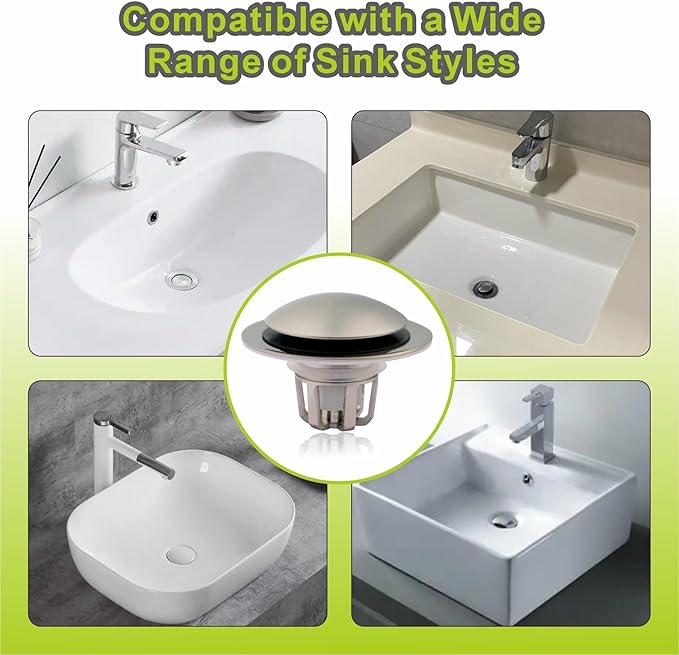 2 Pack Pop Up Sink Drain Stopper,Brushed Nickel Bathroom Sink Stopper with Hair Catcher and Anti-Clog Strainer,Glimflorus Universal 2-in-1 Drain Stopper for 1 1/8"-1 1/2" Drain Holes
