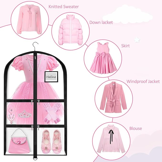 Garment Bags for Dance Costumes - 40 Inch Clear PVC with 5 Zipper Pockets (3 Pack) - Kids Dance Garment Bag for Dancers, Hanging Clothes Storage, Competitions & Travel (Clear Black)