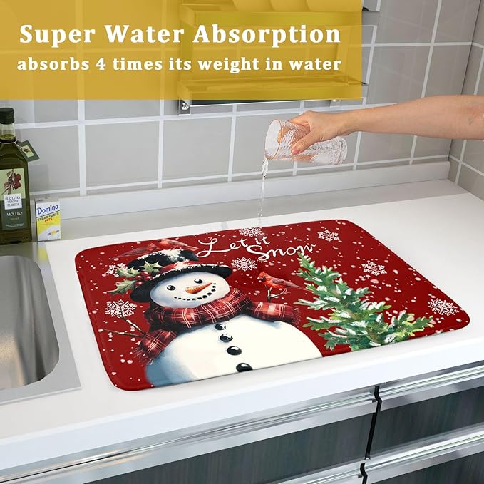 Winter Snowflake Red Dish Drying Mat for Kitchen Counter,Xmas Trees Snowman Cardinal Bird Drying Mat 18 x 24 Inch with High Absorbent Microfiber Drainer Mat for Coffee Bar