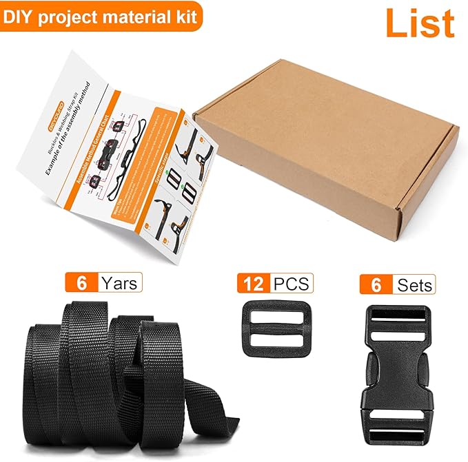 3/4" Buckles and Straps Set: 6 Yards of Thick Nylon Webbing, 6-Pack Quick Side Release Adjustable Plastic Buckles, 12 Tri-Glide Slide Clips(3/4 Inch Combo Set)
