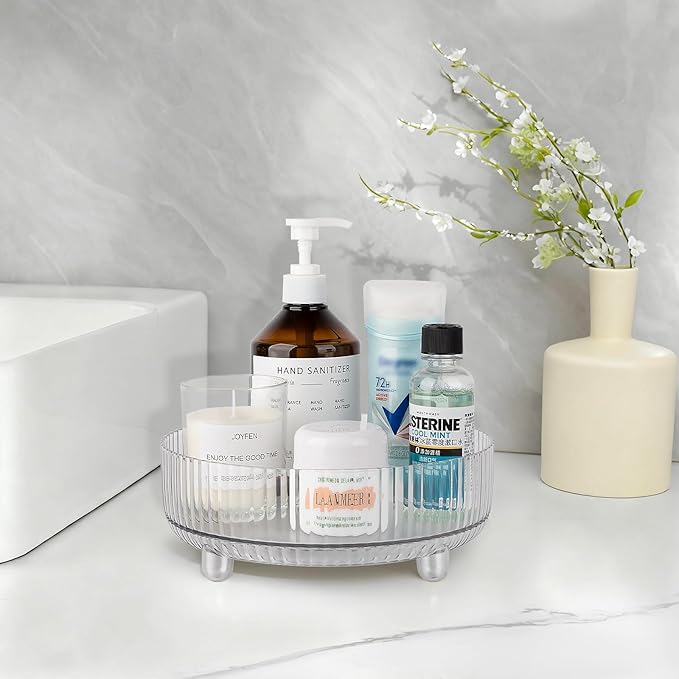 360 Rotating Makeup Organizer Perfume Tray Skincare Holder Spinning Cosmetic Storage Bathroom Countertop Organizer Lazy Susan Turntable for Dresser, Vanity, Kitchen, Small Clear