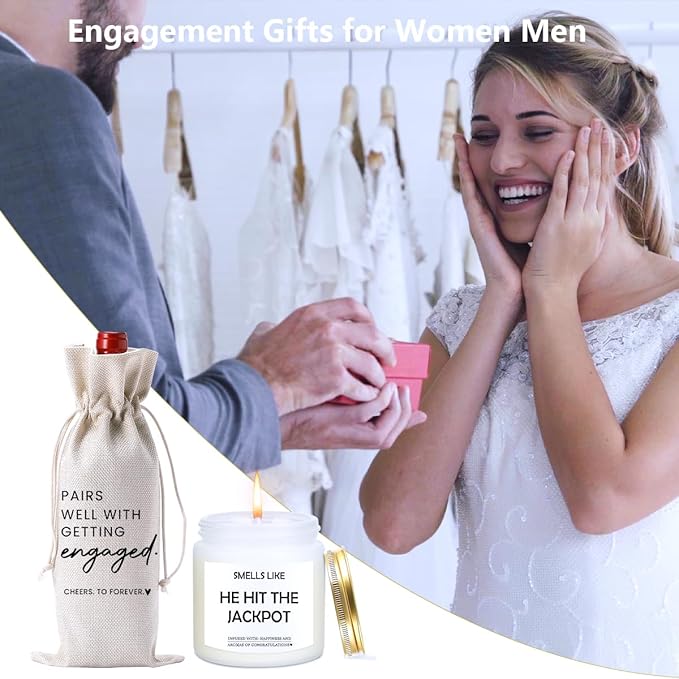 Engaged Engagement Gifts for Couples Her Engagement Party Decorations for Couple Wine Bag Scented Candles Set Pairs Well with Getting Engaged Wine Bag Smell Like He Hit The Jackpot