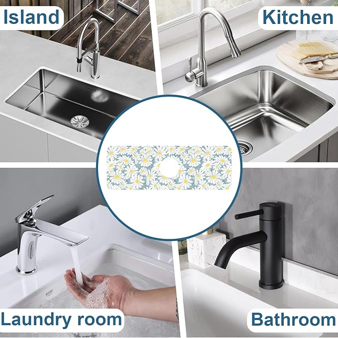 White Flower Sink Splash Guard Cute Chamomile Faucet Absorbing Mat Fast Drying Mat Sink Gadgets Splash Guard Behind Faucet Drip Catcher for Kitchen Bathroom, 15.5"x5.5"