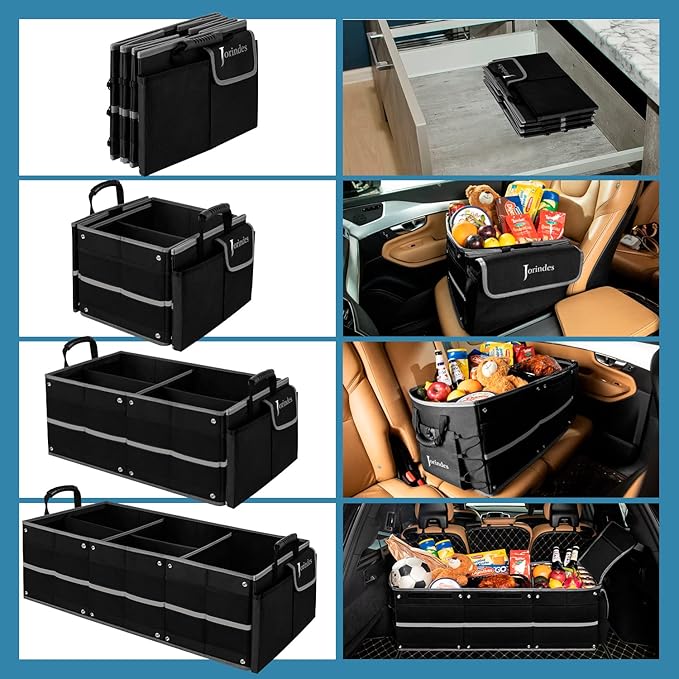 Trunk Organizer With Reflective Stripe For Car,Cargo Organizer For Suv With Non Slip Bottom Strips,3 Large Compartments Foldable Waterproof Portable Car Storage Box,2 Tie-Down Straps