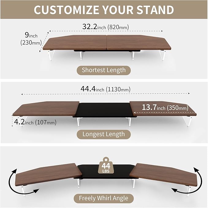 LED Dual Monitor Stand Riser for 2 Monitors,Office Desktop Wooden Stand Adjustable Length and Angle 3 Shelf,Extra Long Multifunctional Stand up to 44.4" for Computer,Laptop,TV,Walnut Finish