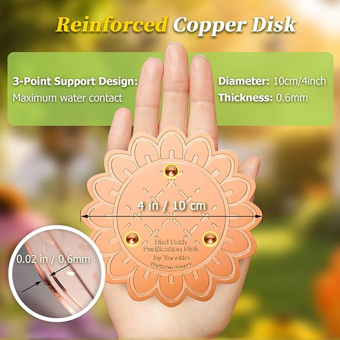 Bird Bath Copper Disk, 1pcs Sunflower Shaped 99.99% Pure Copper Cleaning Disc Plate for Physical Safe Water Purification All-Season for Outdoor Wildlife Bird Bowls Birdbaths Solar