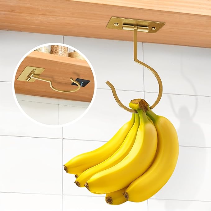 Self Adhesive Banana Hook Under Cabinet Foldable Banana Hanger Metal Under Counter Banana Hook to Keep Bananas Fresh Banana Holder for Kitchen RV Space Saving, Golden