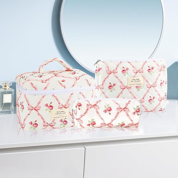 3Pcs Makeup Bag Quilted Cosmetic Bag Set Bow Travel Large Makeup Pouch for Women Cute Portable Cotton Toiletry Bag Skincare Organizer Coquette Vintage Travel Essential
