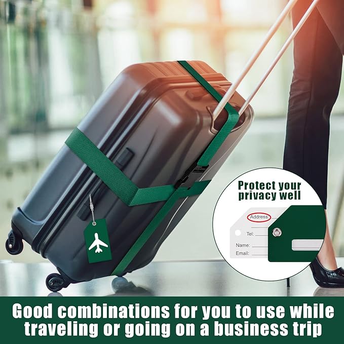 Weewooday 8 Pcs Luggage Straps Suitcase Tags Set for TSA Approved, 4 Travel Adjustable Suitcase Belt, 4 Silicone Luggage Tags with Name ID Card Travel Accessories(Dark Green,Airplane)
