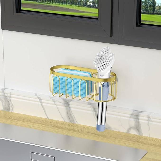 Yazoni 2-in-1 Sponge Holder for Kitchen Sink, Suction Cup Sponge Rack Kitchen Caddy, No Drill Rustproof Sink Organizer for Place Dishwashing Brush Soap (Gold)