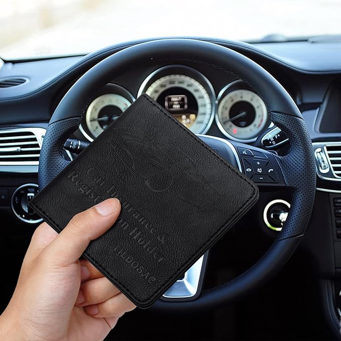 TILDOSAC Car Registration & Insurance Card Holder Leather Auto Glove Box Organizer Document Wallet with Magnetic Shut (Black, Small)