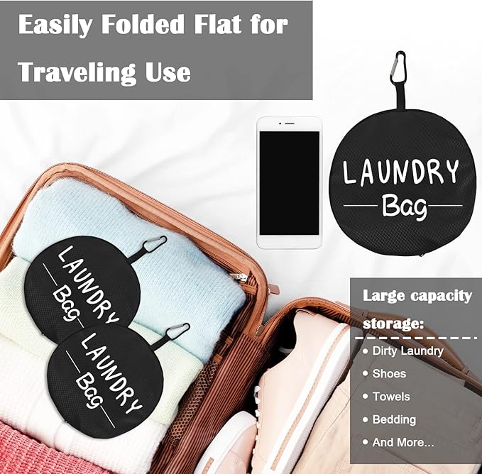 Sylfairy 2 Pack XL Laundry Bag with Strap, Heavy Duty Travel Laundry Bag, Rip-Stop Dirty Clothes Shoulder Bag with Drawstring, Easy Fit a Laundry Hamper or Basket Travel Essentials (Black)