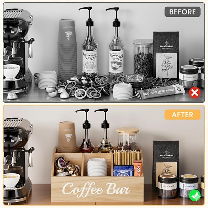 Coffee Station Organizer for Countertop – Wooden Coffee Bar Organizer with Adjustable Dividers,Holds K Cup Pod & syrup bottles, for Kitchen, Office, or Bar and Tea Station, Wood Color