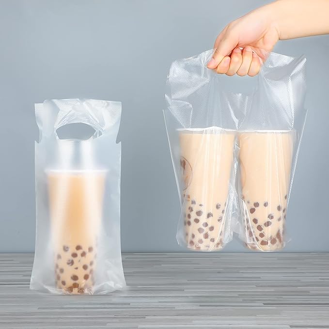 Tinlade 500 Pcs Clear Handle Drinking Poly Bags Bulk 2 and 1 Cup Plastic Portable Cup Carrier Holder Bag Packaging Delivery Hanging Hole, 6.3 x 10.2, 12.2 x 10.2 Inch