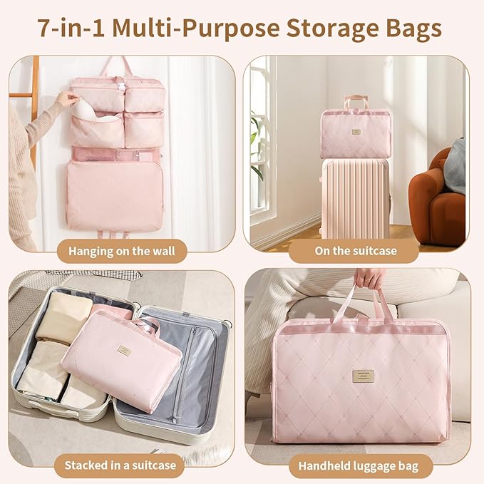 7-in-1 Travel Storage Bag, Foldable Hanging Packing Cube with Compartments for Clothes, Pink