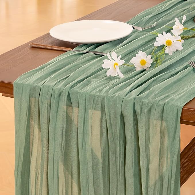 Socomi Sage Green Cheesecloth Table Runner Summer Boho Rustic Farmhouse Gauze 120 inch 10FT Cheese Cloth Sheer Runner for Wedding Party Baby Shower Birthday Home Decor Holiday Decorations