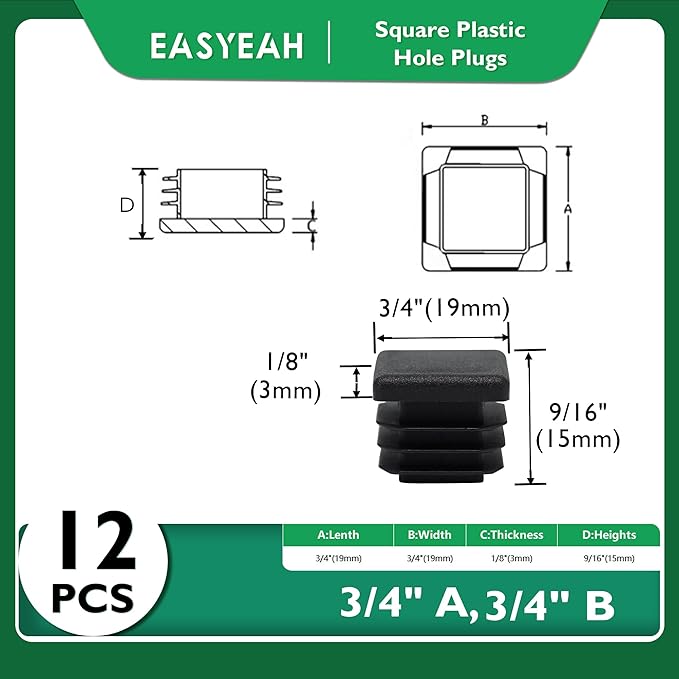 EASYEAH 3/4" (19mm) Plastic Hole Plugs Black -Square Chair Leg Caps & Pipe Plugs, Tubing End Caps for Metal and Wood Legs Tube, Outdoor Furniture Feet Table Patio Glide Floor Plastic Plugs, 12 PCS