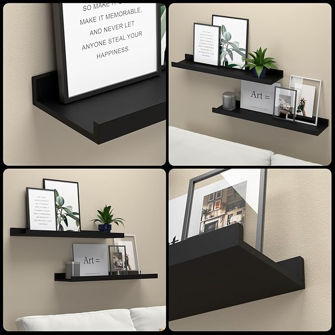 Long Floating Shelves, 2 Set Modern Black Wall Shelf for Bedroom, Nursery Book Shelf with Lip, Picture Ledge Shelf for Living Room Bathroom Kitchen - Black, 23.6 In