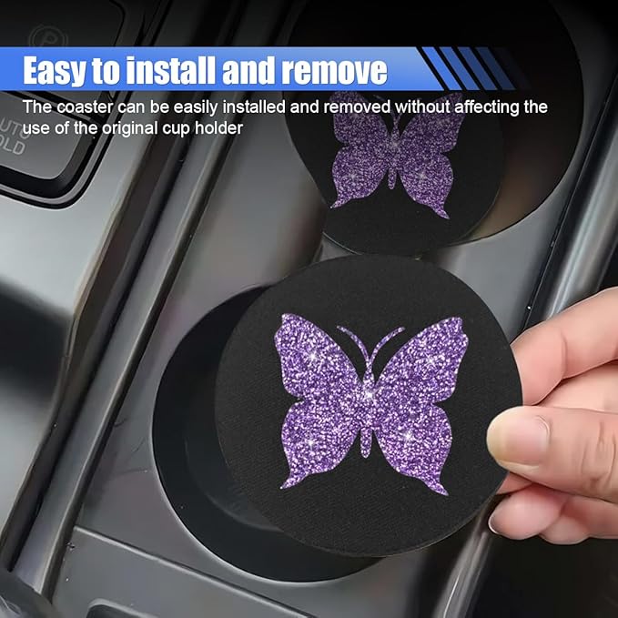 2PCS Bling Butterfly Car Coasters, 2.75'' Anti Slip Insert Cup Holder Coaster, Rhinestone Vehicle Cup Holder Decoration Pad, Universal Auto Interior Drink Water Bottle Mat Accessory (Purple)